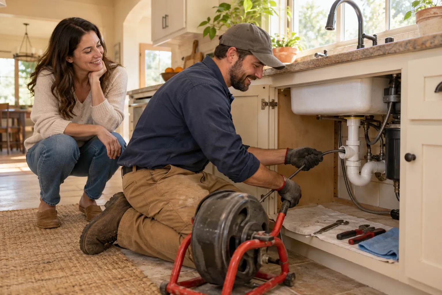 A friendly plumber clearing a blocked kitchen drain in a stucco ranch home in Antioch