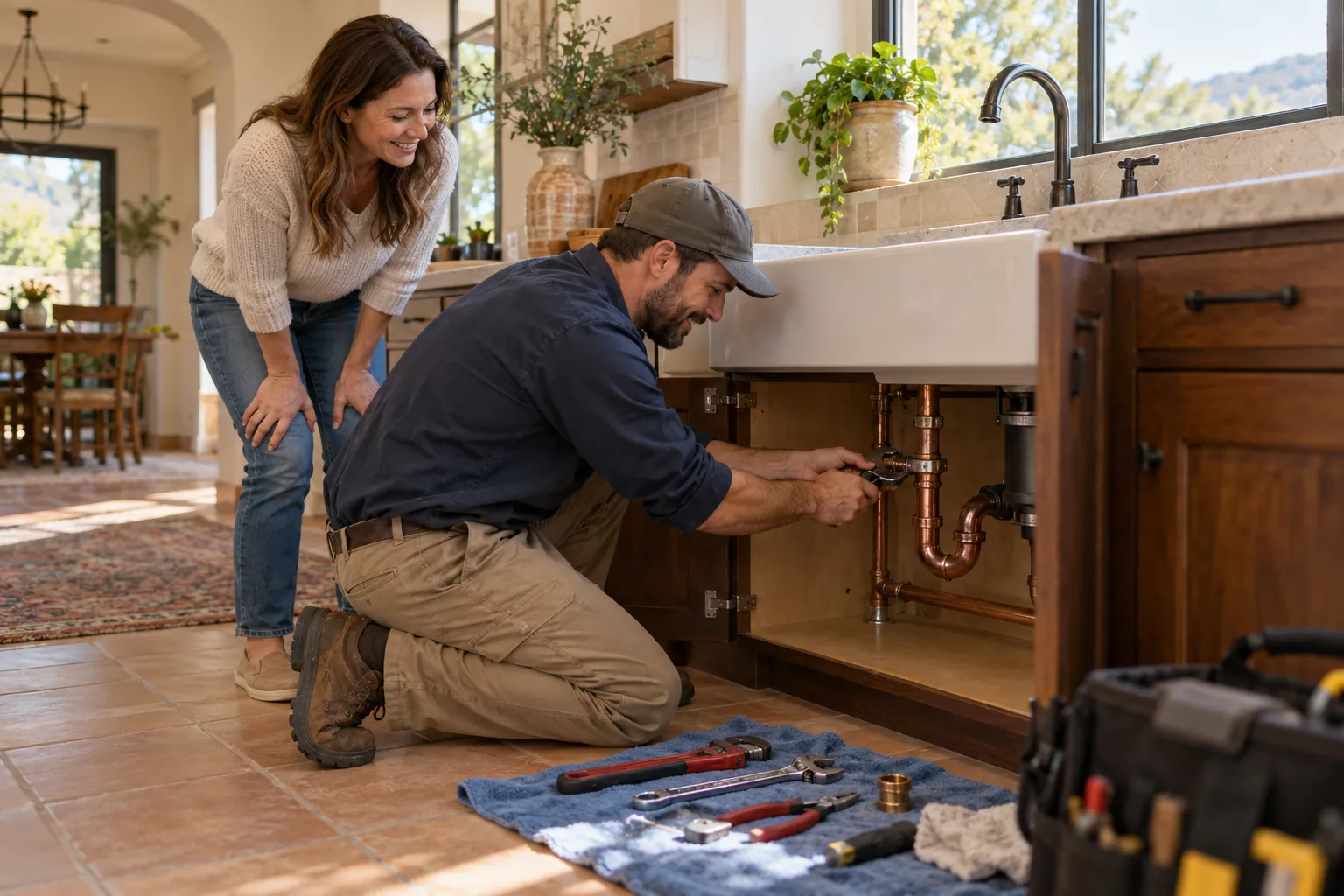Local plumber checking a pipe under a kitchen sink in a Antioch home